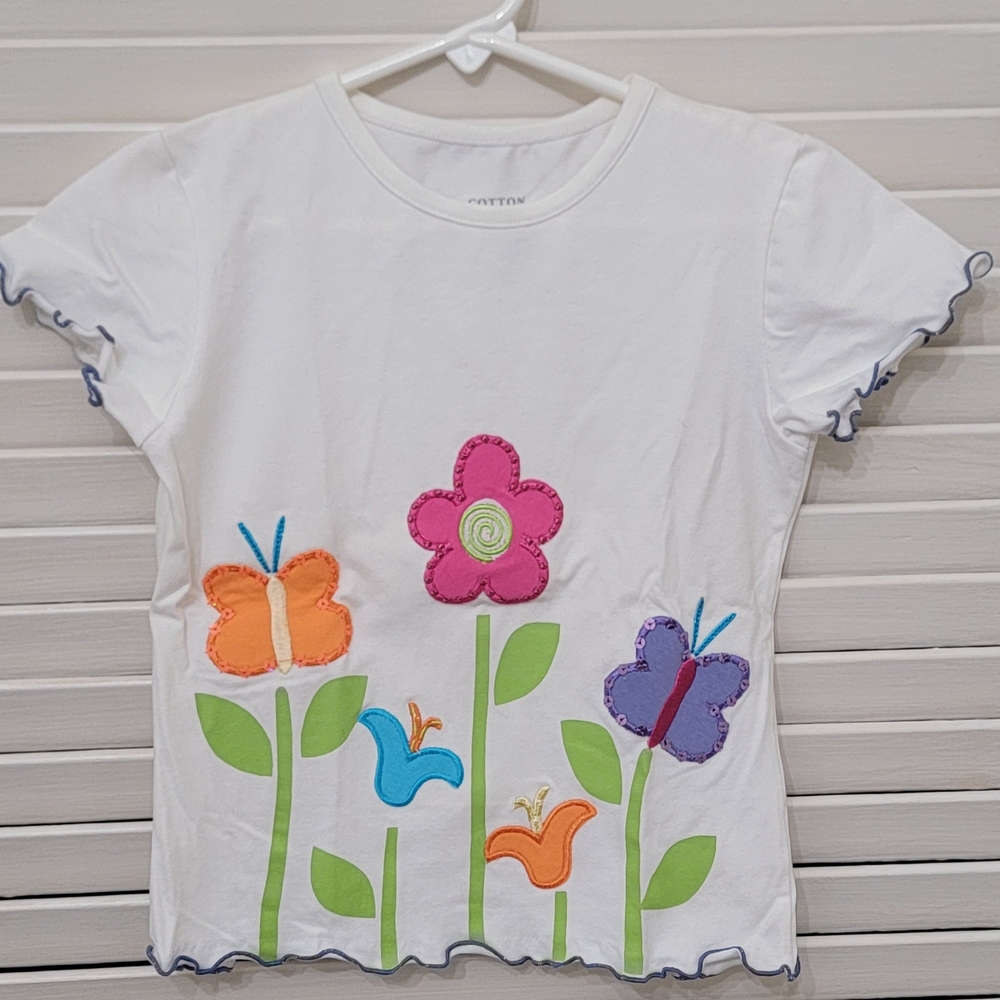 Cotton Resources Spring Flowers Butterflies Embroidered Tee Size 3T
